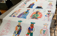Artwork on a cloth banner of kings and queens